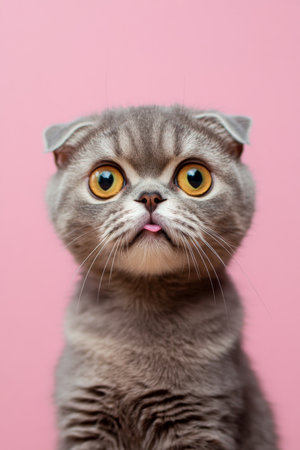Surprised and angry Scottish Fold cat isolated on a pink background, with its distinctive folded ears and a comically wide-eyed expression.の素材