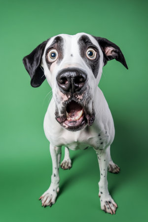 A funny and surprised Great Dane isolated on a green background, looking comically wide-eyed and goofy.の素材