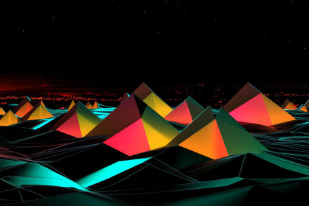 A 3D digital landscape with glowing triangular prisms, floating against a pitch-black backdrop, creating a futuristic and high-tech atmosphere.の素材