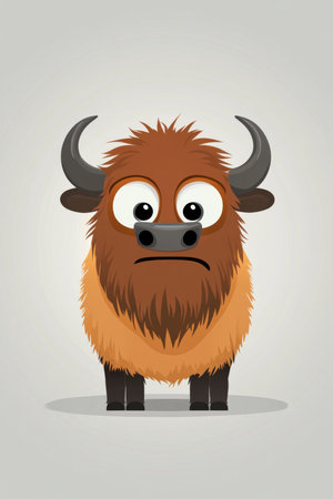 Surprised and angry bison isolated on a gray background, eyes wide open and fur standing on end.の素材