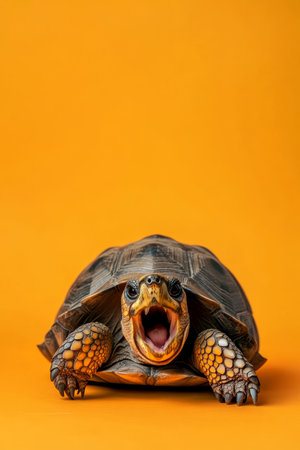 A funny and excited tortoise isolated on an orange background, with a shocked expression and head sticking out of its shell.の素材