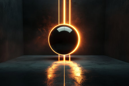 A 3D glowing orb suspended in mid-air, surrounded by dynamic light rays, floating in a pitch-black void, offering a minimalist and sophisticated design.の素材