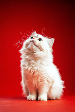 Angry and surprised Persian cat isolated on a red background with a funny and excited expression, eyes wide and ears perked up.の素材
