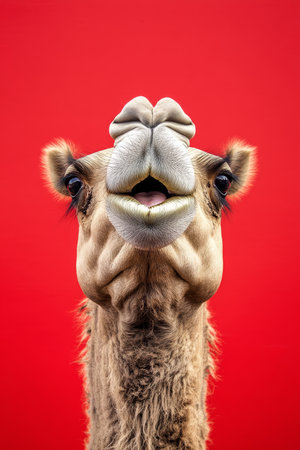 Angry and surprised camel isolated on a red background, eyes wide open and hump raised in surprise.の素材
