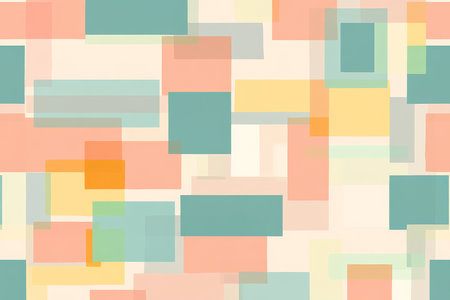 A pastel background with smooth overlapping rectangles in muted coral, light teal, and pastel yellow.の素材