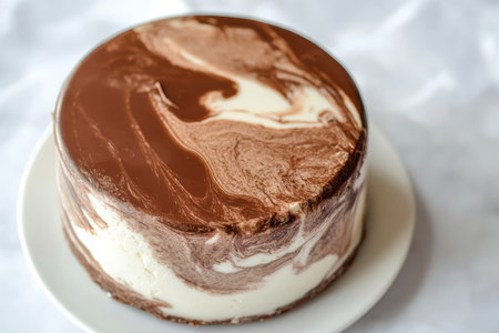 A soft mocha mousse background with subtle marbling in shades of milk chocolate and light cream.の素材