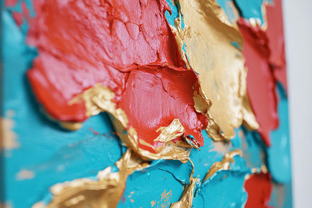 Abstract colorful wall art with thick textured paint in vibrant red, turquoise, and gold for a striking effect.の素材