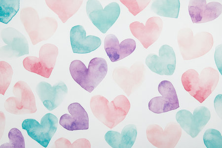 A pastel background of watercolor hearts in light lavender, blush pink, and soft teal over a clean white surface.の素材