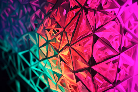 A neon background with intricate triangular shapes glowing in turquoise and magenta, blending into a smooth gradient.の素材