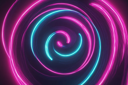 An abstract digital background of radiant, swirling neon spirals in magenta and cyan over a black backdrop.の素材
