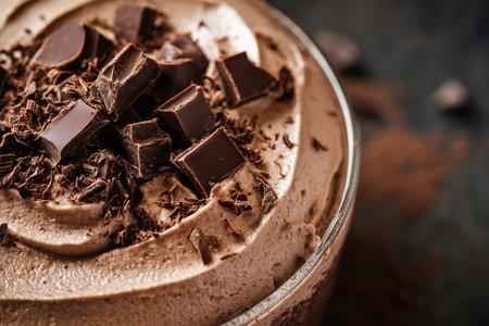 A rich mocha mousse background showing frothy textures and chocolate brown layers.の素材