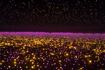 A vibrant background of glowing stars in bright yellow and purple scattered across a dark field.の素材