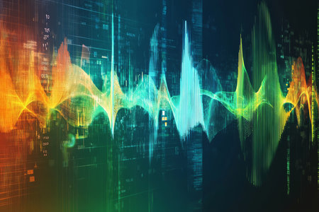 An abstract digital background featuring colorful overlapping waveforms in green, blue, and orange, evoking sound energy.の素材