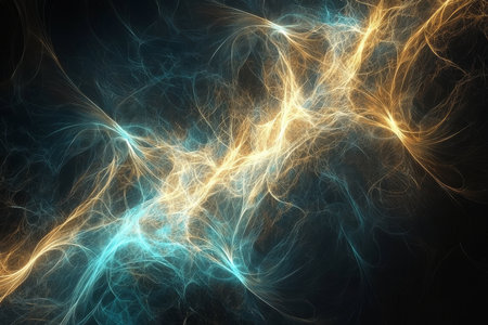 An abstract digital background of intricate fractal patterns in glowing gold and teal over a textured black backdrop.の素材