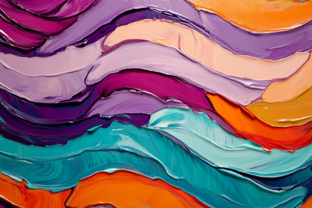 A vibrant background of abstract, overlapping waves in vivid turquoise, magenta, and orange, creating a modern look.の素材