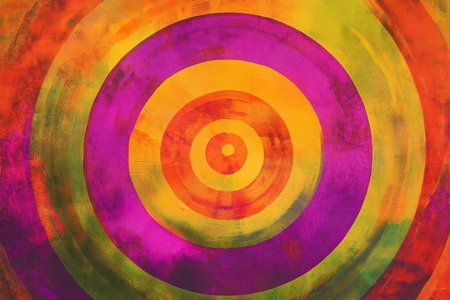 Abstract colorful wall art of bold concentric circles in radiant orange, magenta, and green, glowing vividly.の素材