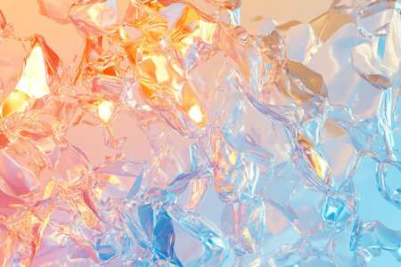 An abstract digital background of shimmering gradients in pastel pink, gold, and blue, creating a dreamy holographic effect.の素材