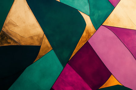 Abstract colorful wall art of layered geometric patterns in deep green, bright magenta, and golden hues.の素材