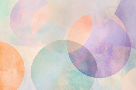 Abstract colorful wall art of soft pastel circles blending into one another, in shades of lavender, peach, and mint.の素材
