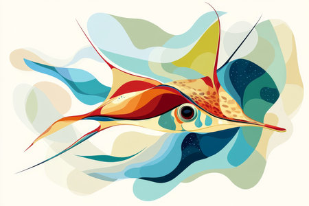 Stingray illustration, bold colors, graphic design, stylized animal portrait, unique art style on a light background, emphasis on features and colors.の素材