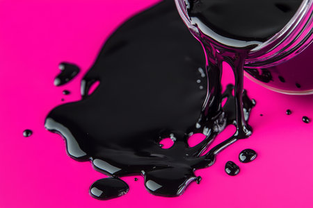 Black liquid spilling from a container on a vibrant pink background, creating a dynamic and dramatic visual effect, ideal for artistic and commercial usage.の素材