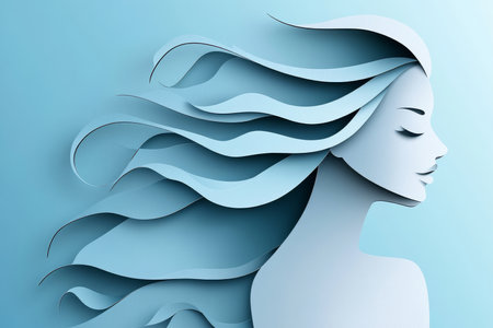 Abstract profile, creative design, paper cut, young adult silhouette, steel blue background, elegant hair curves, minimalistic art, beauty concept, modern illustration, artistic expression, fashion design.の素材