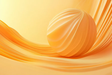 A vivid abstract sphere with tangerine orange waves, minimalistic and vibrant against a creamy yellow background.の素材