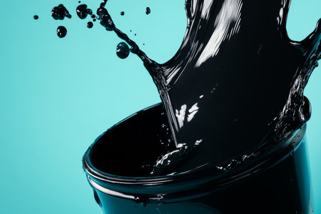 Black liquid spilling from a container on a vibrant cyan background, creating a dynamic and dramatic visual effect, ideal for artistic and commercial usage.の素材