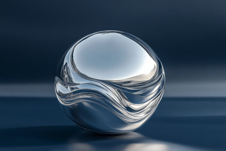 A minimalistic abstract sphere with cool steel waves, creating a futuristic aesthetic on a navy blue backdrop.の素材