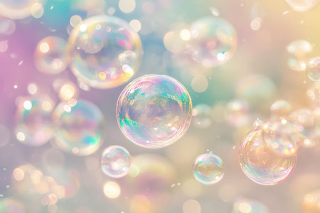 Rainbow-tinted bubbles gracefully drifting on a soft gradient background of lavender, peach, and aqua.の素材