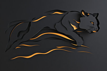 Paper cut, panther on obsidian black background, sleek forms and dynamic layers, wild predator design.の素材