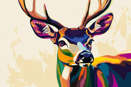 Deer illustration, bold colors, graphic design, stylized animal portrait, unique art style on a light background, emphasis on features and colors.の素材