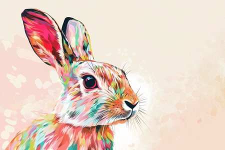 Rabbit illustration, bold colors, graphic design, stylized animal portrait, unique art style on a light background, emphasis on features and colors.の素材
