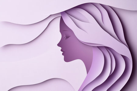 Abstract profile, creative design, paper cut, senior silhouette, pale lavender background, elegant hair curves, minimalistic art, beauty concept, modern illustration, artistic expression, fashion design.の素材
