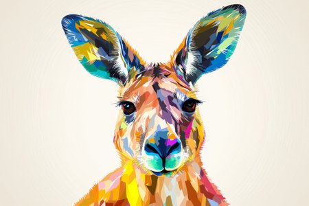 Kangaroo illustration, bold colors, graphic design, stylized animal portrait, unique art style on a light background, emphasis on features and colors.の素材