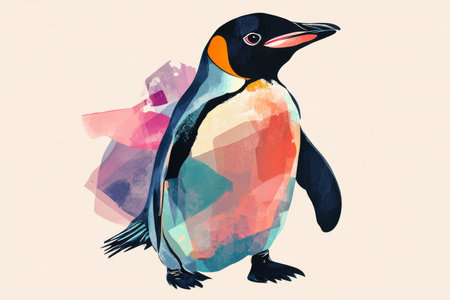 Penguin illustration, bold colors, graphic design, stylized animal portrait, unique art style on a light background, emphasis on features and colors.の素材
