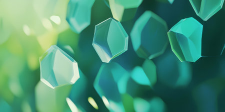 Calm abstract background featuring glowing hexagons in various shades of green and blue. The lights between the hexagonal shapes pulse gently, giving the design a smooth, relaxing feel with a futuristic edge.の素材