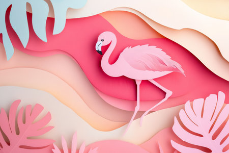 Paper cut, flamingo on pastel coral background, soft layers and tropical curves, exotic bird theme.の素材