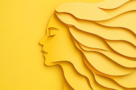 Abstract profile, creative design, paper cut, senior silhouette, golden yellow background, elegant hair curves, minimalistic art, beauty concept, modern illustration, artistic expression, fashion design.の素材