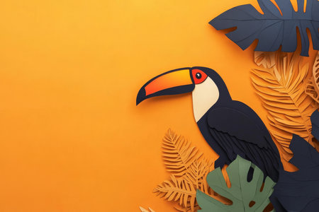 Paper cut, toucan on vivid orange background, exotic beak details and layered foliage, tropical bird concept.の素材