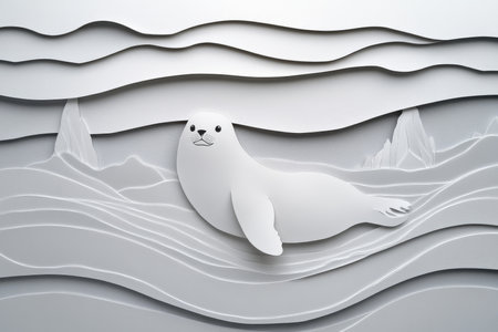 Paper cut, seal on icy gray background, soft curves and playful charm, Arctic wildlife design.の素材