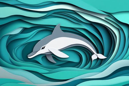 Paper cut, dolphin on ocean teal background, flowing lines and layered textures, marine life concept.の素材