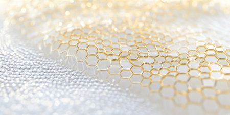 Frosty white hexagonal metallic surface with golden light accents forming an intricate grid. A clean, luminous 3D texture for premium wedding visuals.の素材