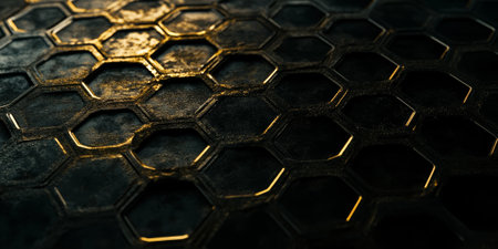 Dark charcoal hexagonal grid background with bold golden light patterns enhancing its depth. A dramatic, elegant 3D texture with a sleek metallic finish, perfect for premium wedding banners or luxury presentations.の素材