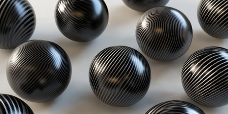 Black spherical carbon textures featuring a futuristic, glossy finish. Smooth, intricate patterns with a metallic sheen, perfect for a modern, high-tech design.の素材