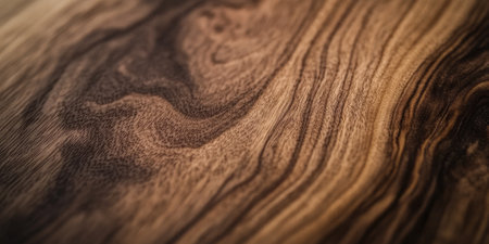 Natural walnut wood texture with rich chocolate-brown hues and subtle grain lines. The glossy finish enhances the depth of the wood, making it ideal for high-end design projects.の素材