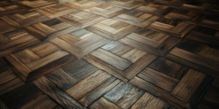 Intricate parquet wood flooring texture with rich oak tones. The geometric pattern adds depth and sophistication, ideal for architectural or interior design visuals.の素材