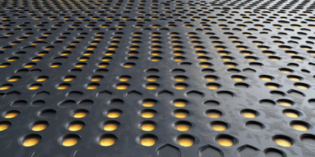 Graphite gray hexagonal metal surface featuring glowing golden accents. A bold and sleek 3D texture for high-end and professional visuals.の素材