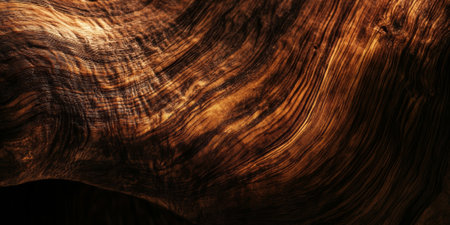 Polished dark walnut wood surface with smooth, rich grain patterns. A luxurious and elegant wooden texture background perfect for premium designs or furniture-themed visuals.の素材