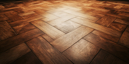 Intricate parquet wood flooring texture with rich oak tones. The geometric pattern adds depth and sophistication, ideal for architectural or interior design visuals.の素材